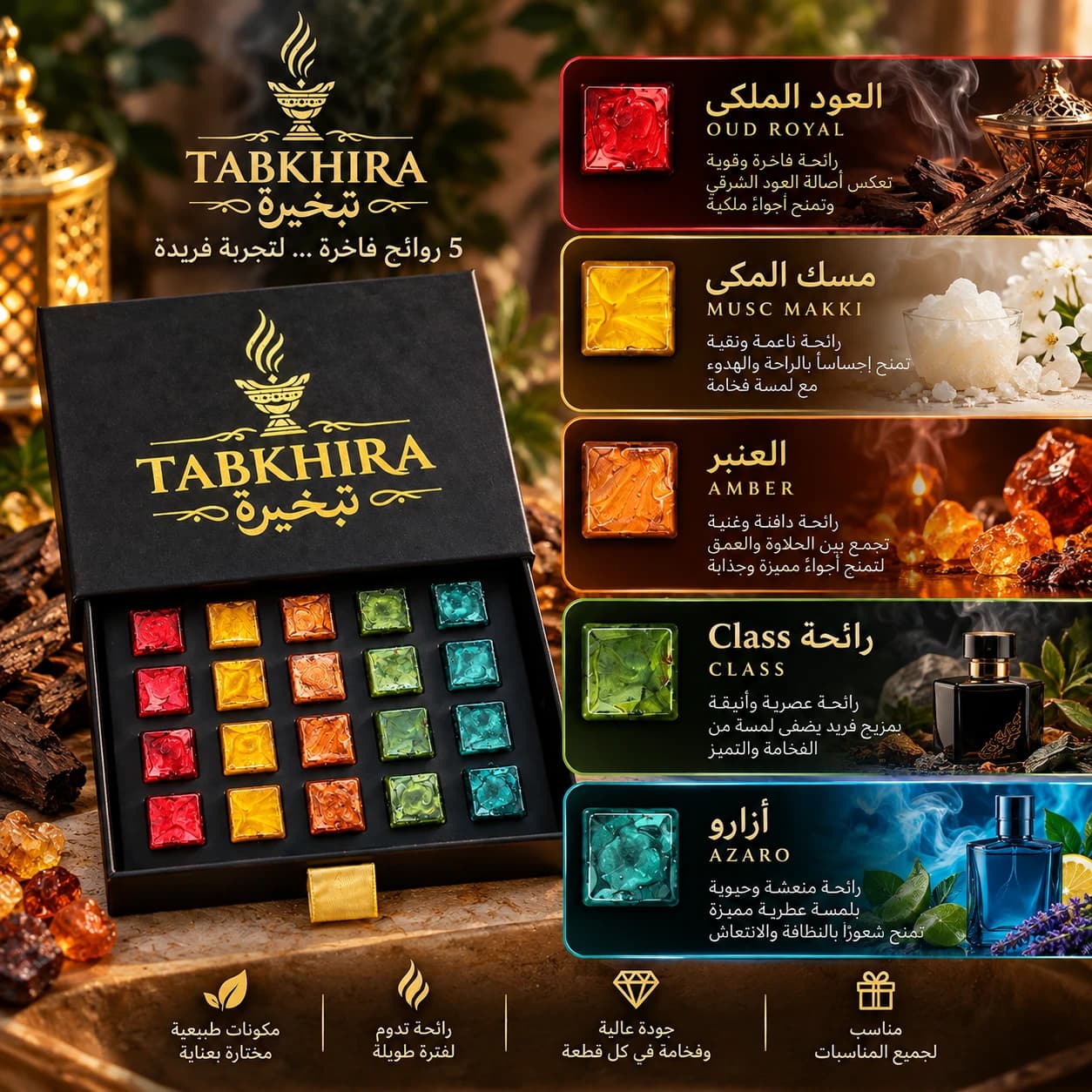 الخمس روائح الفاخرة من TABKHIRA: العود الملكي، مسك المكي، العنبر، Class، أزارو